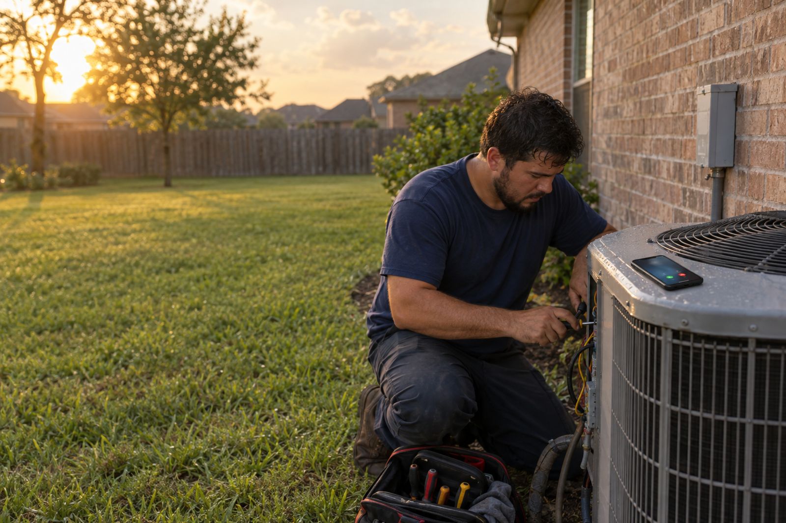 An HVAC technician working on an outdoor AC unit while his phone rings on top of it