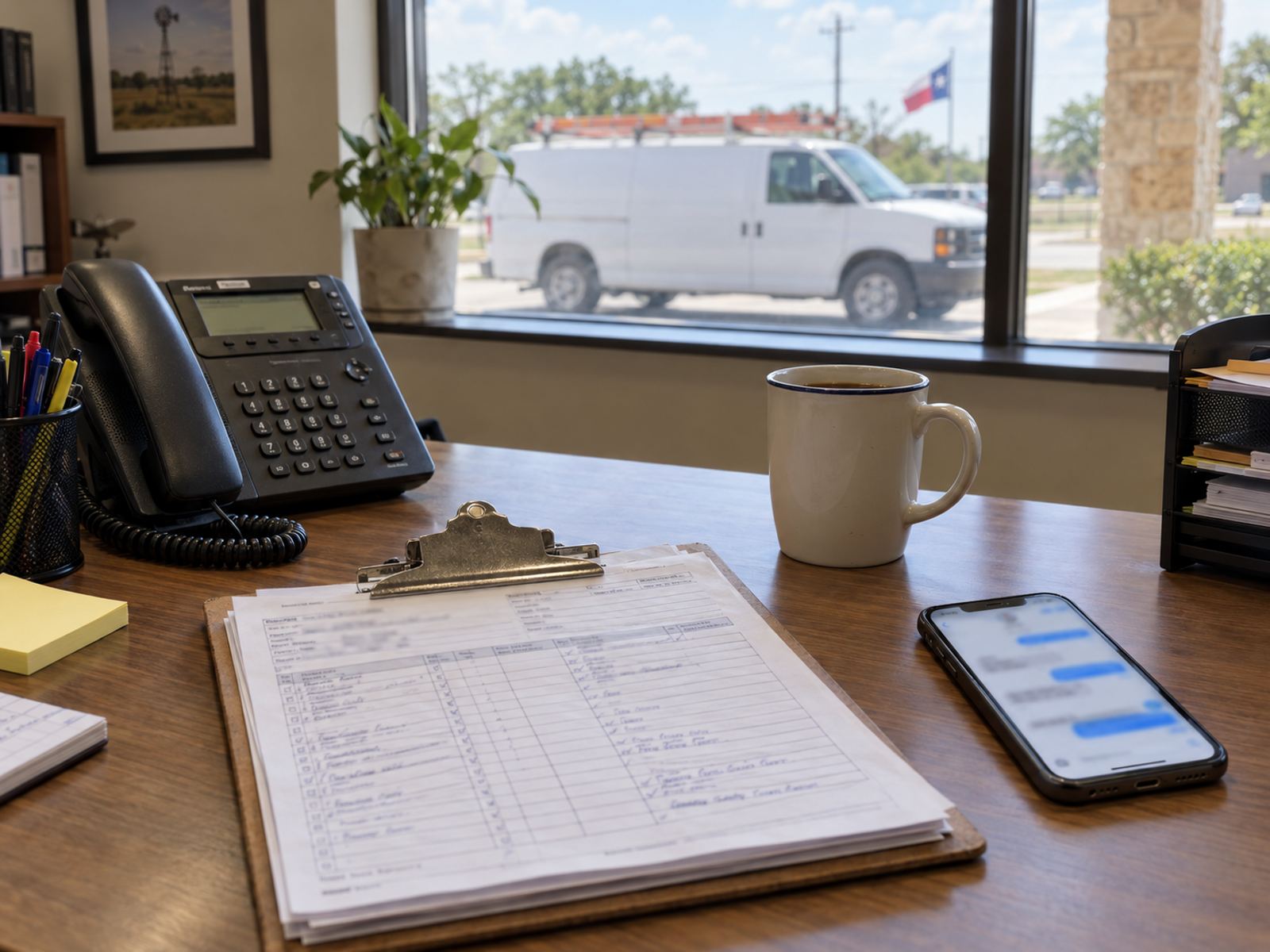 A small HVAC office desk with a phone, work orders, and a service van outside the window