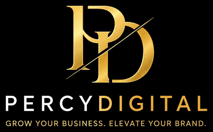 Percy Digital logo: PD monogram in gold. Grow your business. Elevate your brand.